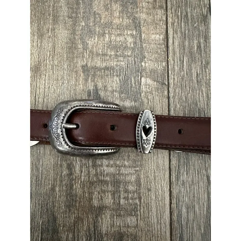 Vintage Women's Brown Genuine Leather western silver Belt hearts 1X plus size